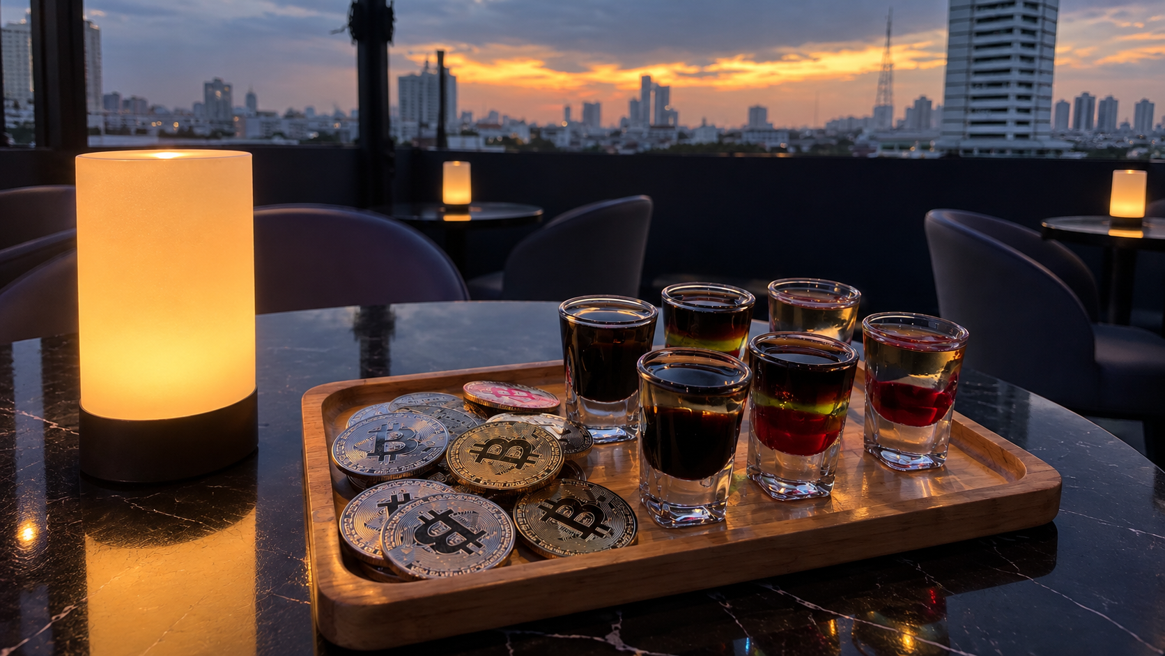 Bitcoin coins and layered shots on a wooden tray at sunset