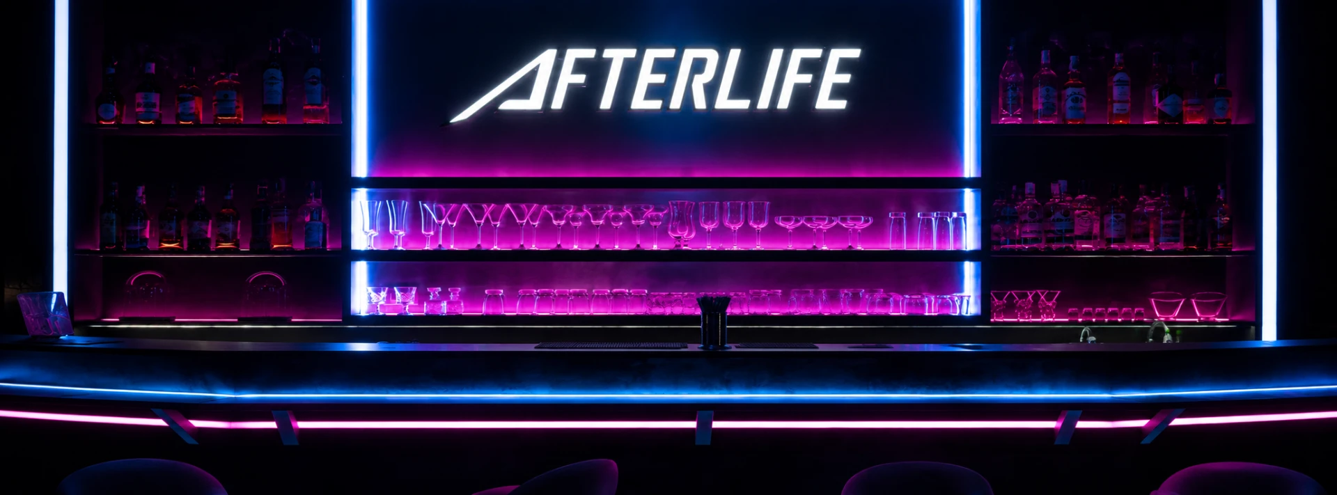 The Afterlife bar back wall with neon sign and glowing pink and blue shelves